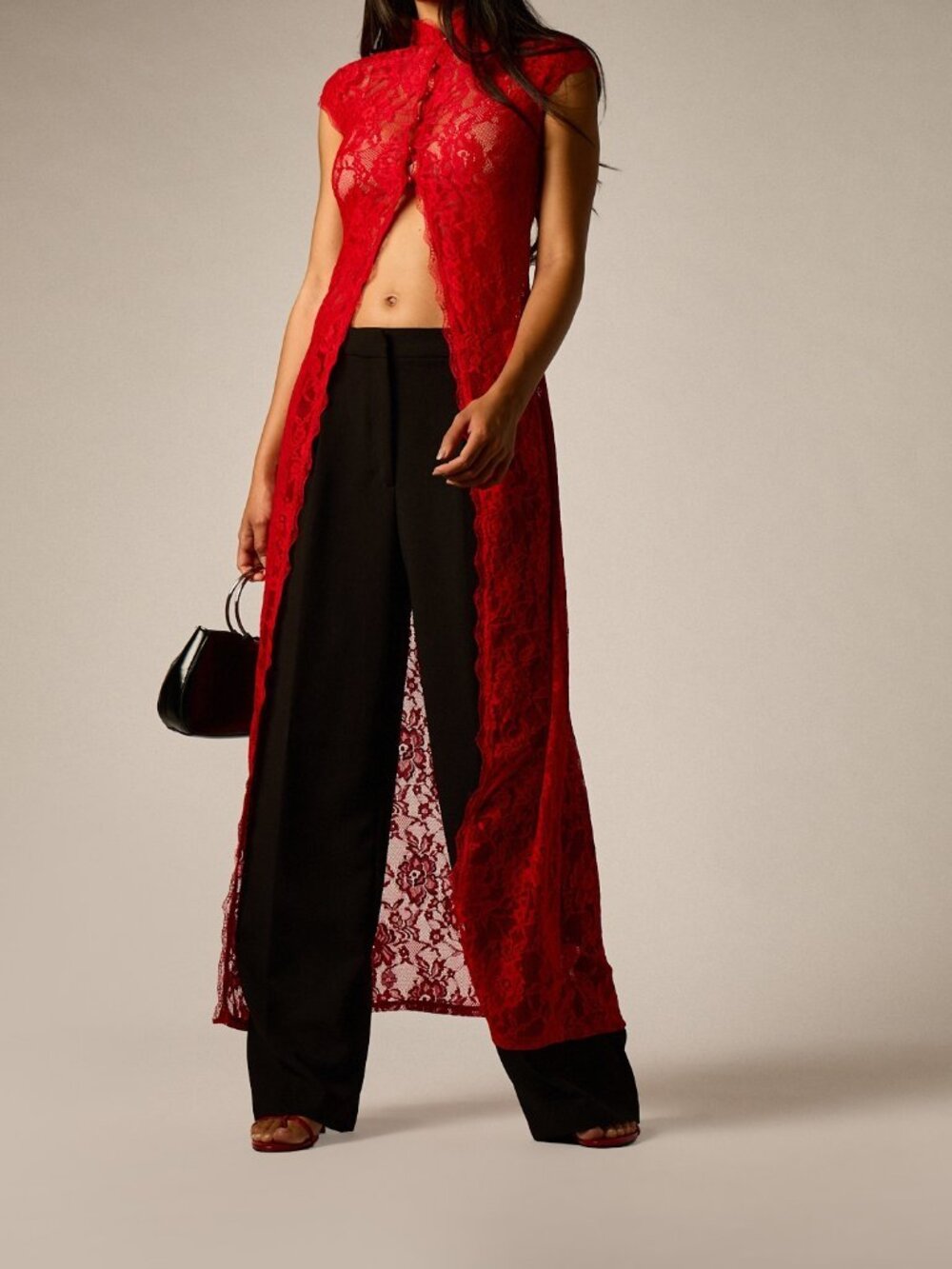 Red Party Women's Floral Lace Longline Open Front Duster Top